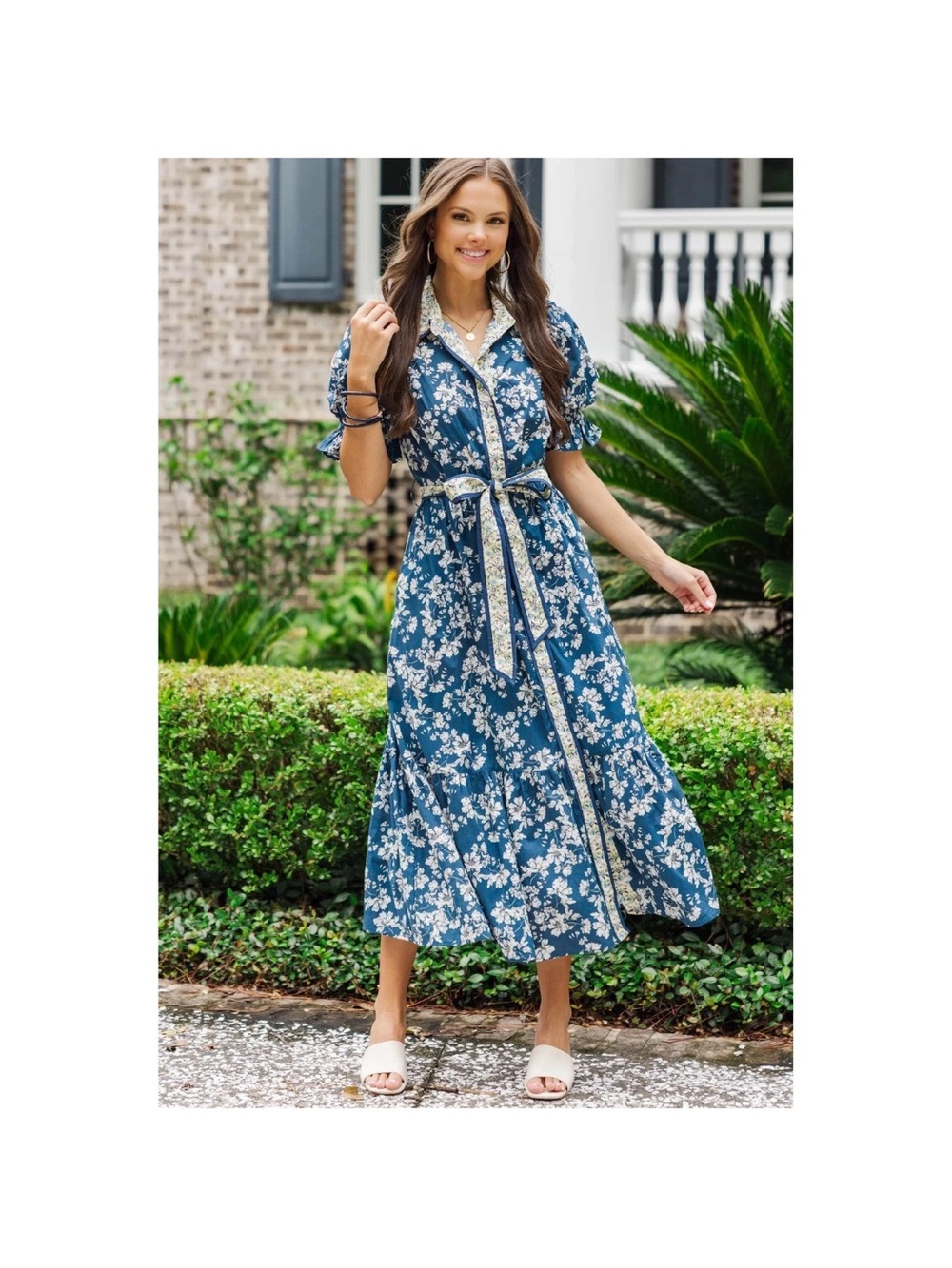 entro Blue Floral Button-Front Maxi Dress with Tie Waist